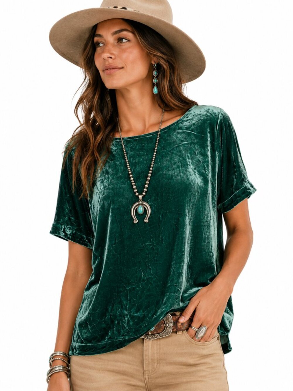 Sundance Short Sleeve Velvet Top Green Silk Blend Classic Versatile Boho Size PM
